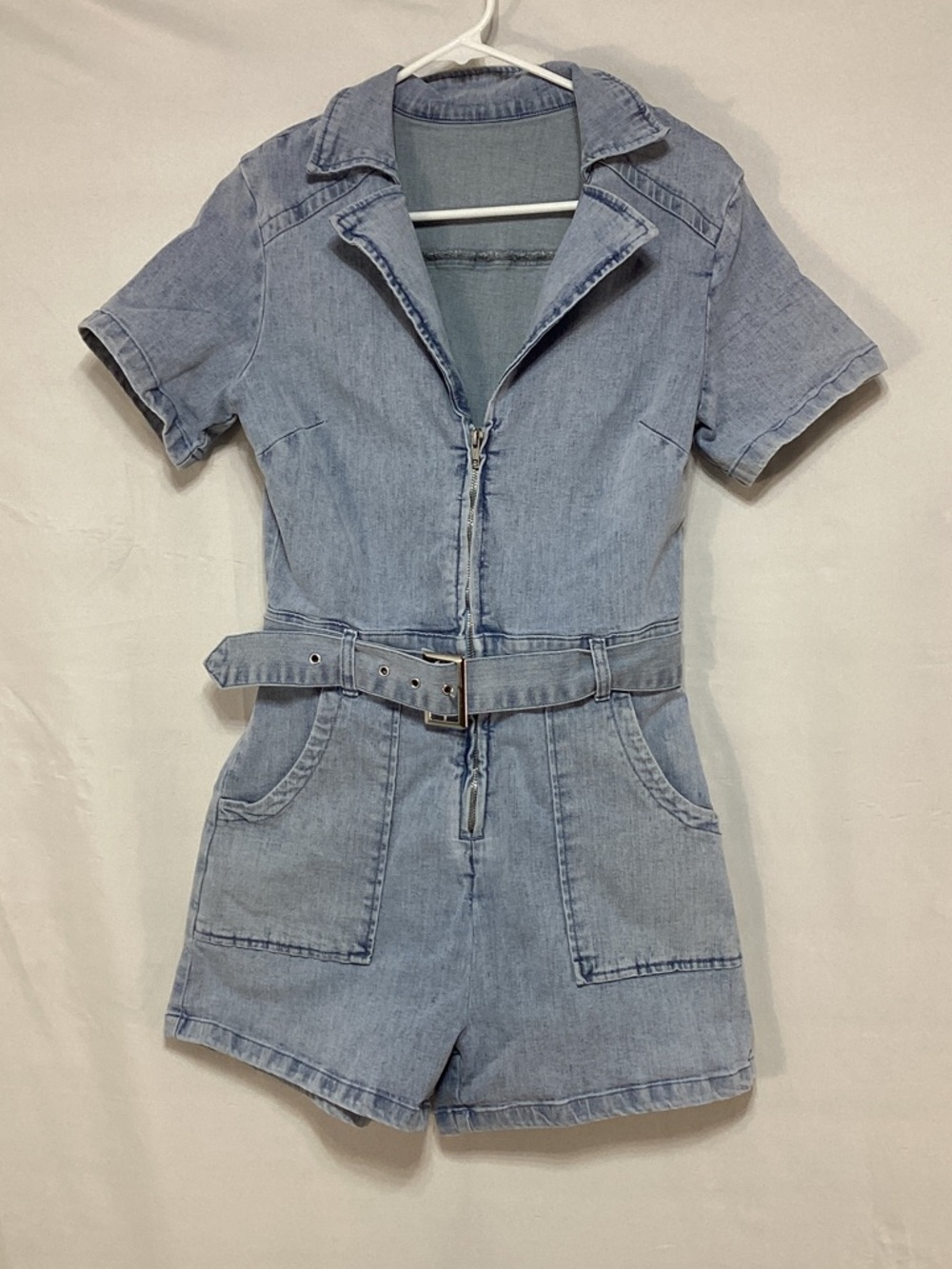 Light Blue Denim Short Jumpsuit with Belt Size Medium